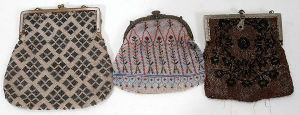 VINTAGE BEADED HANDBAGS, THREE: VINTAGE BEADED HANDBAGS, LATE 19TH & EARLY 20TH CENTURY, THREE:Having plated metal frames with chain handles. Range from closure to bottom of beaded bag, 6" - 8".