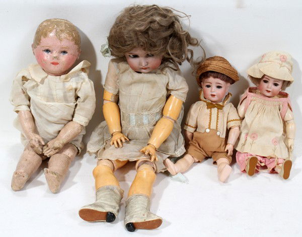 GERMAN BISQUE HEAD DOLLS & A PAPIER MACHE DOLL: GERMAN BISQUE HEAD DOLLS (3) & A PAPIER MACHE DOLL, EARLY 20TH C., L 11"-20":Including 1 Simon & Halbig/Kammer & Reinhardt bisque doll, jointed wood body, L.20" (repainted eyes, replaced wig, loose jo