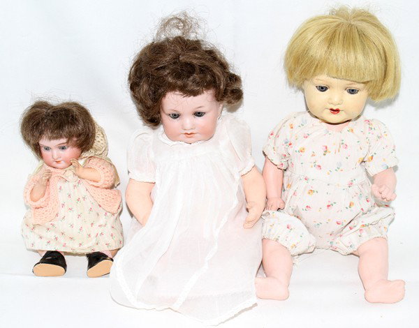 ARMAND MARSEILLE BISQUE HEAD DOLLS, THREE, : ARMAND MARSEILLE BISQUE HEAD DOLLS, THREE, H 8"- 13":Including 1 baby doll marked 390 A&/0M, 1 marked A3/OM 971 and the third marked A4/0M 996. All with bisque heads, composition bodies, fixed eyes an