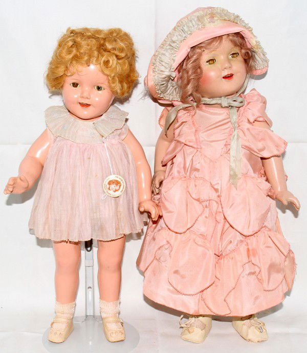 IDEAL CO. SHIRLEY TEMPLE DOLL, + ONE UNMARKED: IDEAL CO. SHIRLEY TEMPLE DOLL, PLUS ONE UNMARKED, TWO, H 18" & 20":Lot consists of 1 Ideal Co. Shirley Temple doll, H. 18", and 1 Shirley Temple doll with jointed composition body, not marked, H. 20".