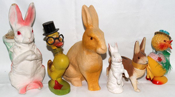 GERMAN PAPIER MACHE CANDY HOLDERS, C. 1930, SIX: GERMAN PAPIER MACHE CANDY HOLDERS, C. 1930, SIX, H 6"-10":Papier-mâché German candy holders in the form of rabbits (4), duck and chick.