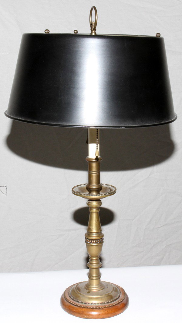 BRASS CANDLESTICK LAMP, H 25", DIA 13", SHADE: BRASS CANDLESTICK LAMP, H 25", DIA 13", TOLE SHADE:Tole shade.
