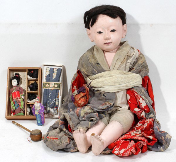 JAPANESE DOLLS (2), FINGER PUPPET & SCARF, : JAPANESE DOLLS (2), FINGER PUPPET & SCARF, H 4"-26":Including 1 Japanese male doll dressed in traditional garb, H.26" (missing left big toe, left pinky finger, and right index finger, hair also shows 