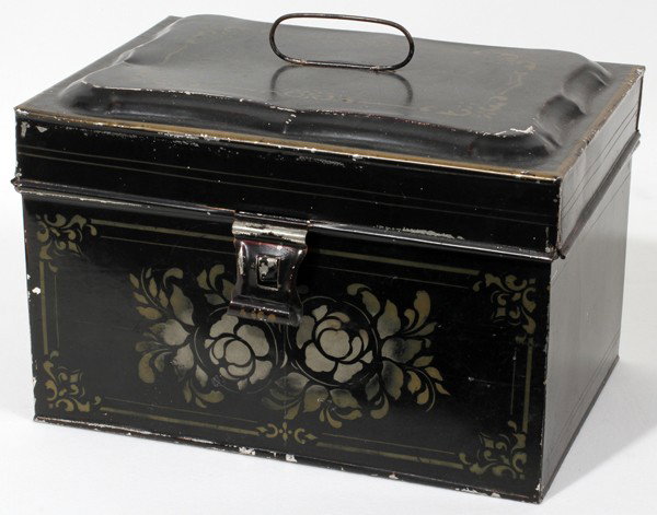 TOLE TEA BOX, H 6", W 9", D 6": TOLE TEA BOX, H 6", W 9", D 6":painted black with flower and leaf motif, hinged lid with wire ring handle on top; 6 1/2" H. x 9 1/2" x 6 1/2";