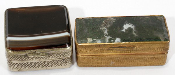 VICTORIAN AGATE & STONE SNUFF BOXES, 19TH C.: VICTORIAN AGATE & STONE SNUFF BOXES, 19TH C., TWO, W 1 1/4" & 1 3/4":Including 1 square agate box and 1 rectangular box inset with beveled stone, appears to be rutilated quartz, both with unmarked met