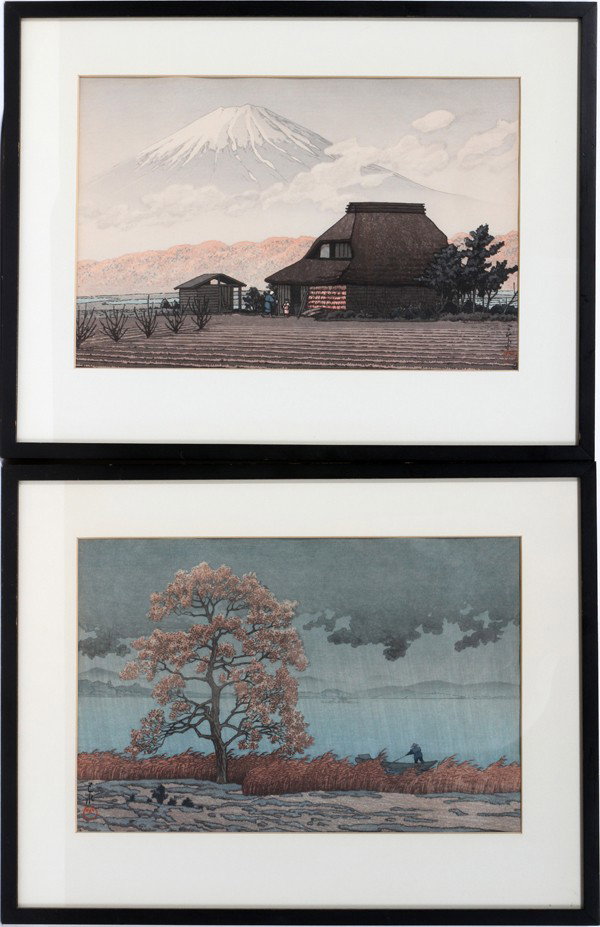 JAPANESE PRINTS, TWO, 9" X 14": JAPANESE PRINTS, TWO, 9" X 14":One depicts a field with Mt. Fuji in the distance, the other depicts a blossoming tree along a river; both are signed and framed. With a Garelich's label.