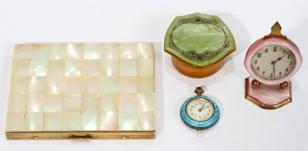 LADY'S PENDANT WATCH, ART/DECO CLOCK, JAR & COM: ENAMEL LADY'S PENDANT WATCH, ART DECO TRAVEL CLOCK, DRESSER JAR & COMPACT:Including 1 blue enamel lady's pendant watch, Dia. 1", 1 Swiss made travel clock with pink Bakelite accents, H. 2 1/2", 1 cell