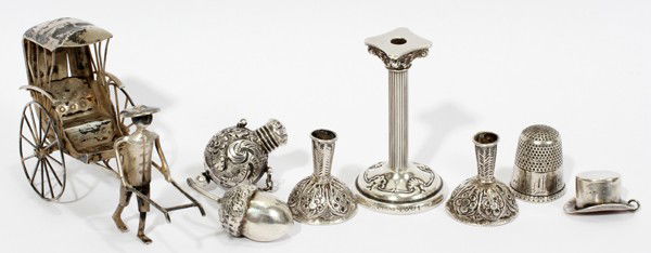 STERLING & SILVERPLATE MINIATURES, EIGHT PIECES: STERLING & SILVERPLATE MINIATURES, EIGHT PIECES:Including 1 Whiting Mfg. Co. sterling silver candlestick, number 4801, H.2"; 1 "Mac Lachlan" sterling top hat charm; 1 Dutch silver perfume vial with En