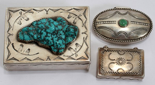 AMERICAN SOUTHWEST SILVER BOXES, THREE: AMERICAN SOUTHWEST SILVER BOXES, THREE, L 1 3/4"-3":Including 1 oval box with hinged lid and inset green stone, 1 rectangular box with hinged lid and geometric motif, and 1 rectangular box with remova