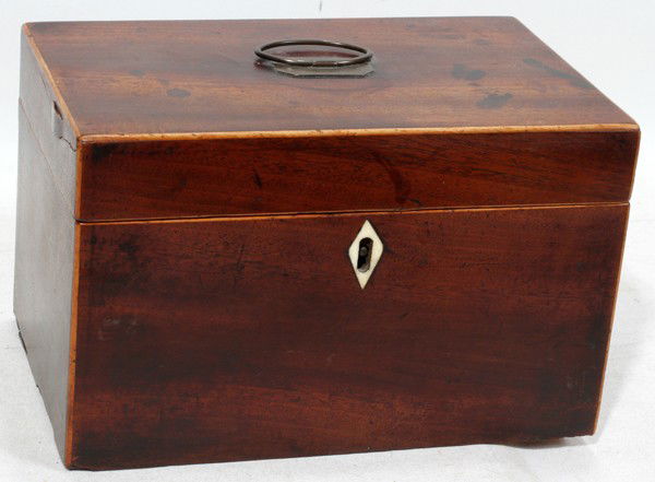 ENGLISH MAHOGANY TEA CADDY, C. 1820, H 6": ENGLISH MAHOGANY TEA CADDY, C. 1820, H 6", DIA 8 3/4":With handle, no hinges. Ivory key escutcheon. From the Estate of Richard White, Grosse Ile, Mich.