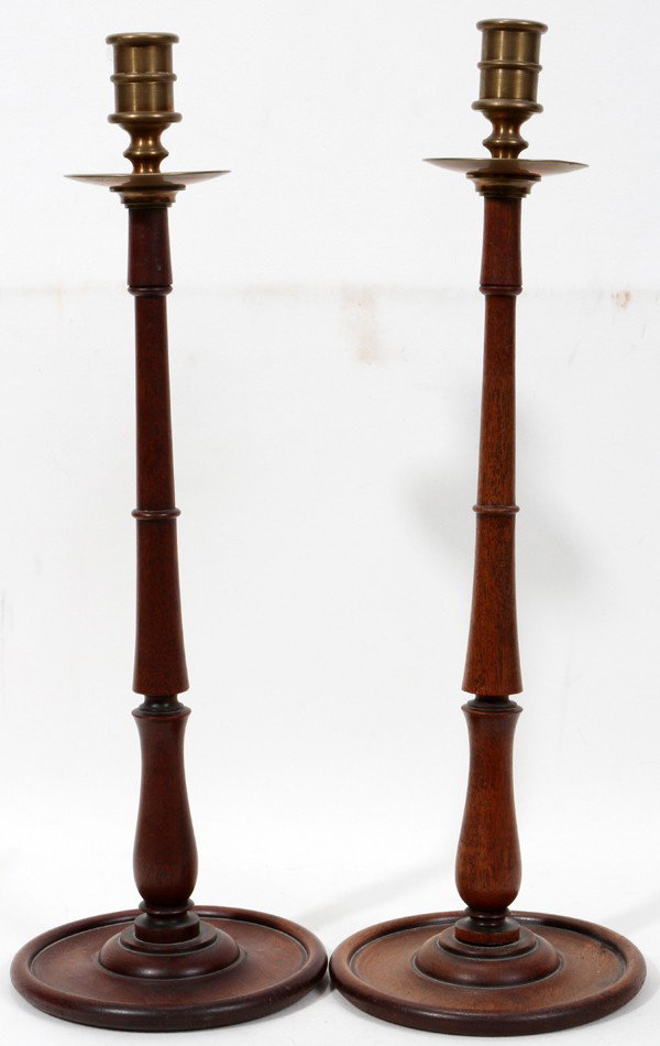 ENGLISH MAHOGANY CANDLESTICKS, PAIR, H 18": ENGLISH MAHOGANY CANDLESTICKS, PAIR, H 18":With brass nozzles. Antique.