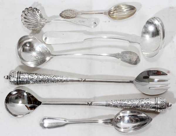 AMERICAN PLATE SERVING UTENSILS, & A SALAD SET: AMERICAN COIN & SILVER PLATE SERVING UTENSILS, & A SALAD SET, 19TH & 20TH C., SEVEN, L 8"-16 1/2":Coin silver includes 1 serving spoon, engraved "Bettie" at the tip, L. 8 1/4", 1 pierced ladle with ps