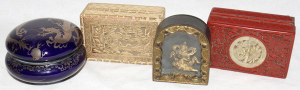 CHINESE BOXES, THREE, & A PORTABLE SHRINE, L 4": CHINESE BOXES, THREE, & A PORTABLE SHRINE, L 4":Boxes include 1 rectangular cinnabar with jade inset cover, L.4" (chipped at three corners, small crack at the cover); 1 faux ivory lacquered, L.4" (cra