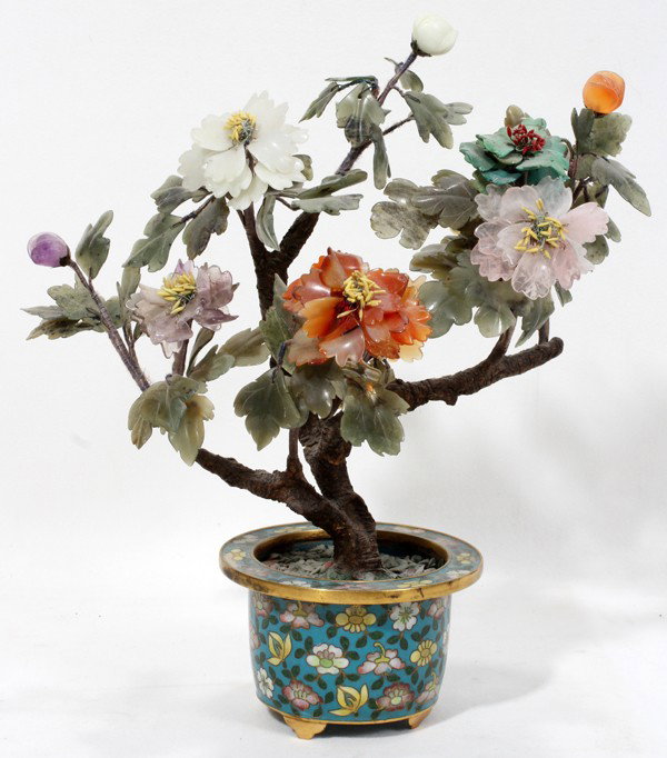 CHINESE JADE TREE IN CLOISONNÉ POT, H 10": CHINESE JADE TREE IN CLOISONNÉ POT, H 10":Cloisonné pot. Agate, turquoise and quartz flowers.