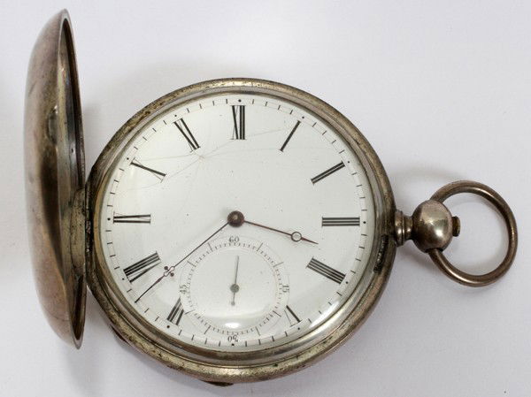 LUTZ BROTHERS POCKET WATCH, 19TH C.: LUTZ BROTHERS POCKET WATCH, 19TH C.:Size 18 hunting case, silver with engraved American eagle with shield at one side, horse and serpent on the reverse; engraved "Lutz Brothers, Locle, Hands, Detached