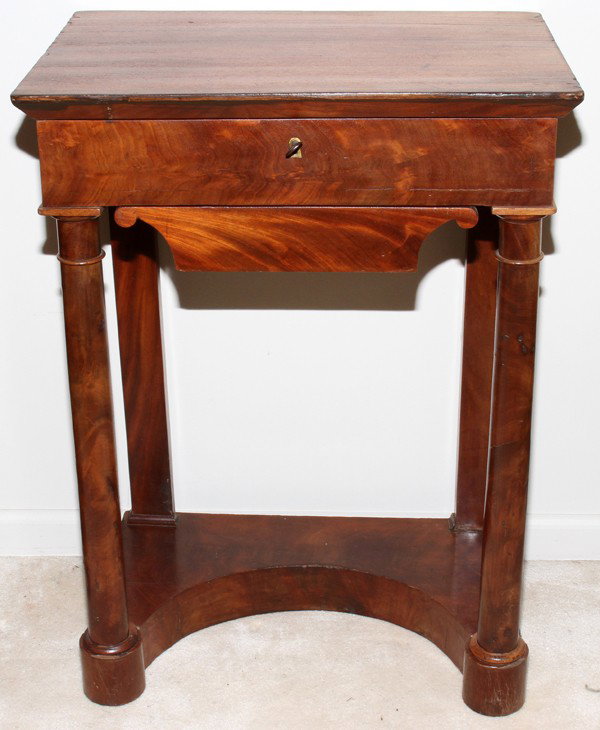FRENCH EMPIRE MAHOGANY TABLE, 19TH C., H 28",: FRENCH EMPIRE MAHOGANY TABLE, 19TH C., H 28", L 20", D 14":Hinged top, mirrored interior, tapered legs.