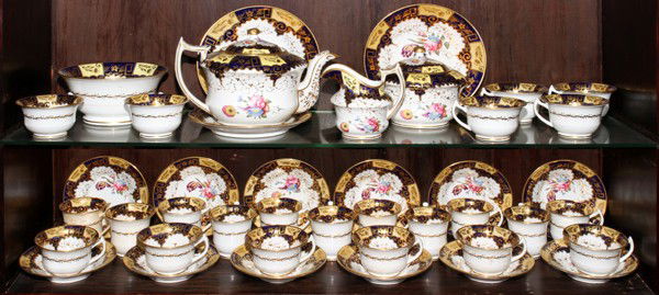 ENGLISH STAFFORDSHIRE PORCELAIN GROUPING,: ENGLISH STAFFORDSHIRE PORCELAIN GROUPING, APPROX. 42 PCS.:Includes teapot with underplate, covered sugar, large bowl, 2 large plates, 12 saucers, 12 tea cups, 11 coffee cups, creamer.