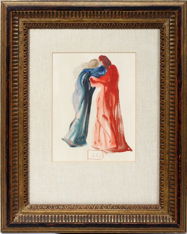 AFTER SALVADOR DALI, WOOD ENGRAVING 9 1/3" X 7": AFTER SALVADOR DALI, WOOD ENGRAVING 9 1/3" X 7" DANTE AND BEATRICE:Woodblock print by Salvador Dali from the Divine Comedy series. Framed. From the Estate of Lloyd H. Diehl Jr.of Bloomfield Hills, Mi.