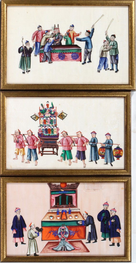 19TH CENTURY CHINESE PAINTING ON RICE PAPER,: 19TH CENTURY CHINESE PAINTING ON RICE PAPER, THREE 8" X 12 1/2":Hand painted scenes from Chinese life. Having gold frames. Acrylic sheet has been used in framing & the acrylic surfaces in contact with