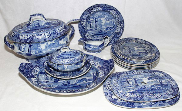 UNDER GLAZE HISTORICAL BLUE STAFFORDSHIRE,CHINA: UNDER GLAZE HISTORICAL BLUE STAFFORDSHIRE, CHINA, 15 PCS.:As is tureen with ladle, 9 plates, small covered tureen, creamer. Along with 2 turkey strainers, oval platter.