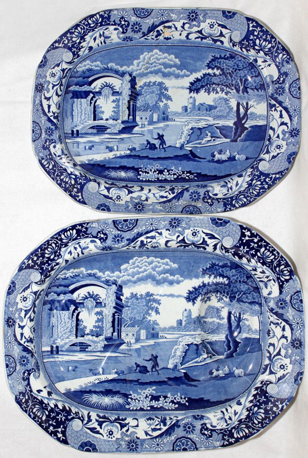 ENGLISH BLUE/WHITE PORCELAIN TURKEY PLATTER,: ENGLISH BLUE AND WHITE PORCELAIN TURKEY PLATTER, 19TH C., W 16", L 20 1/2":Castle scene with figures and cattle. Also one turkey platter, as is, broken and repaired.