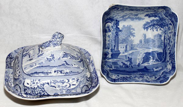 SPODE ENGLISH PORCELAIN BOWL AND COVERED TUREEN: SPODE ENGLISH BLUE AND WHITE PORCELAIN BOWL AND COVERED TUREEN, 2 PCS.:As is