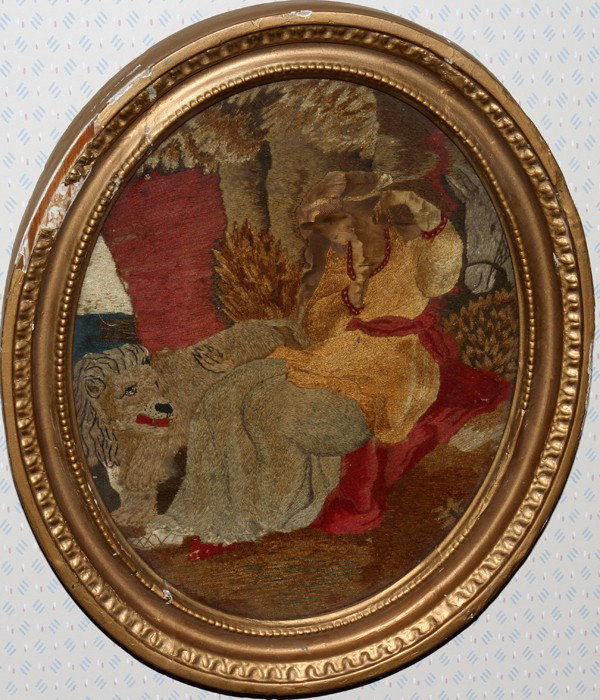 OVAL NEEDLEPOINT, 19TH CENTURY, 12" X 9": OVAL NEEDLEPOINT, 19TH CENTURY, 12" X 9":Depicts seated lady and lion. Unsigned. In a gilt frame.