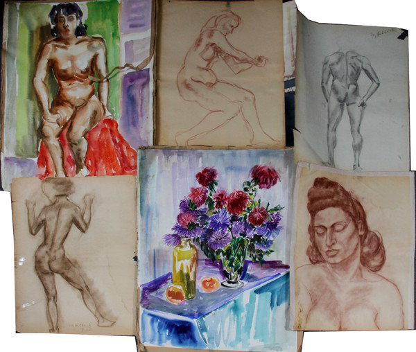 MARGURITE GILLIAM-HUBBARD, WATERCOLOR/DRAWINGS : MARGURITE GILLIAM-HUBBARD, WATERCOLOR & DRAWING STUDIES, MOSTLY FIGURAL, 23, 16" X 24" - 22" X 30":Sizes are sheet sizes. Gilliam-Hubbard, US b.1894, artist from Colorado. Unframed.