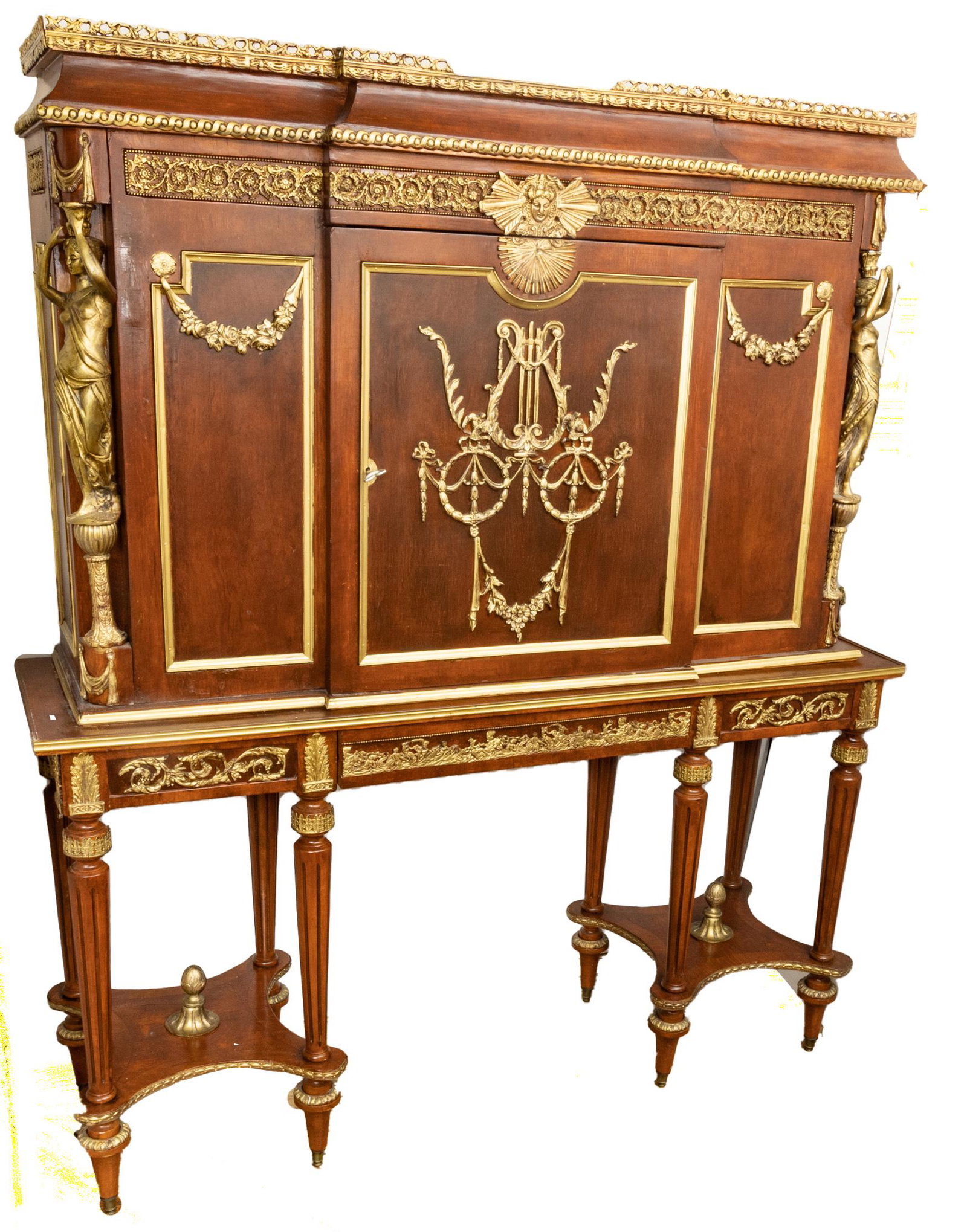 French Empire Style Mahogany Cabinet, C. 20th C, H 5’ 7’’ W 4’ 8’: French Empire Style Mahogany Cabinet, C. 20th C, H 5' 7'' W 4' 8'' A modern French Empire style cabinet. Offers brass Neoclassical mounts. Hinged cabinet door opens to reveal two shelves. Terminating 