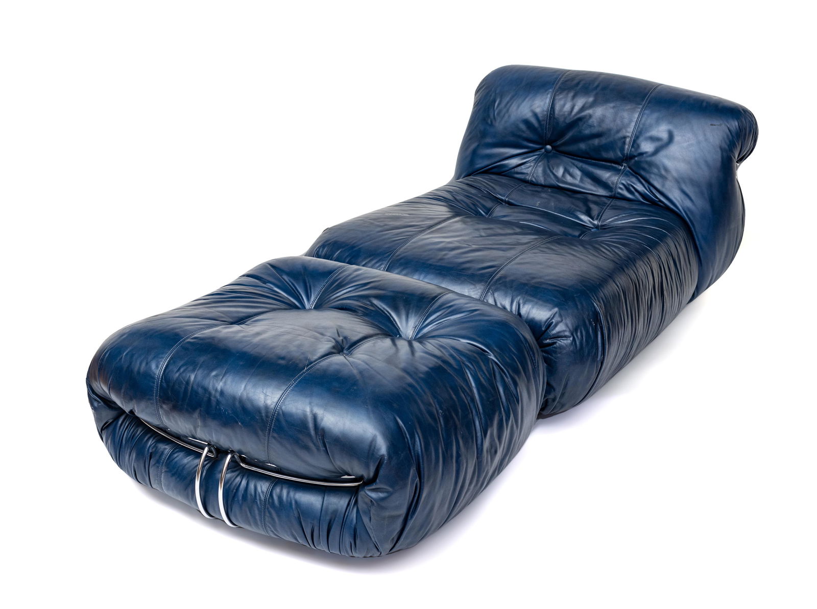 Afra and Tobia Scarpa (Italian), Cassina Italy for Atelier International Limited, Leather and: AFRA AND TOBIA SCARPA (ITALIAN), CASSINA ITALY FOR ATELIER INTERNATIONAL LIMITED, LEATHER AND CHROMED METAL SORIANA LOUGE CHAIR AND OTTOMAN CIRCA 1970S H 25" W 34" D 48" (CHAIR) Bears manufacturer's p