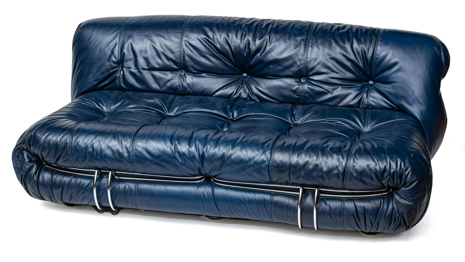 Afra and Tobia Scarpa (Italian), Cassina Italy for Atelier International Limited, Leather and: AFRA AND TOBIA SCARPA (ITALIAN), CASSINA ITALY FOR ATELIER INTERNATIONAL LIMITED, LEATHER AND CHROMED METAL SORIANA SOFA 1970S H 26" L 61" D 36" Bears manufacturer's paper label affixed to the undersi