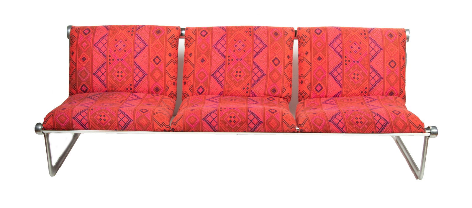 Bruce Hannah & Andrew Morrison by Knoll Aluminum Frame With Upholstery, Sling Sofa C. 1970S, H: Bruce Hannah & Andrew Morrison By Knoll Aluminum Frame With Upholstery, Sling Sofa C. 1970s, H 26'' L 81'' Depth 26'' Three upholstered seats attached to upholstered backs. Geometric motif in blue on