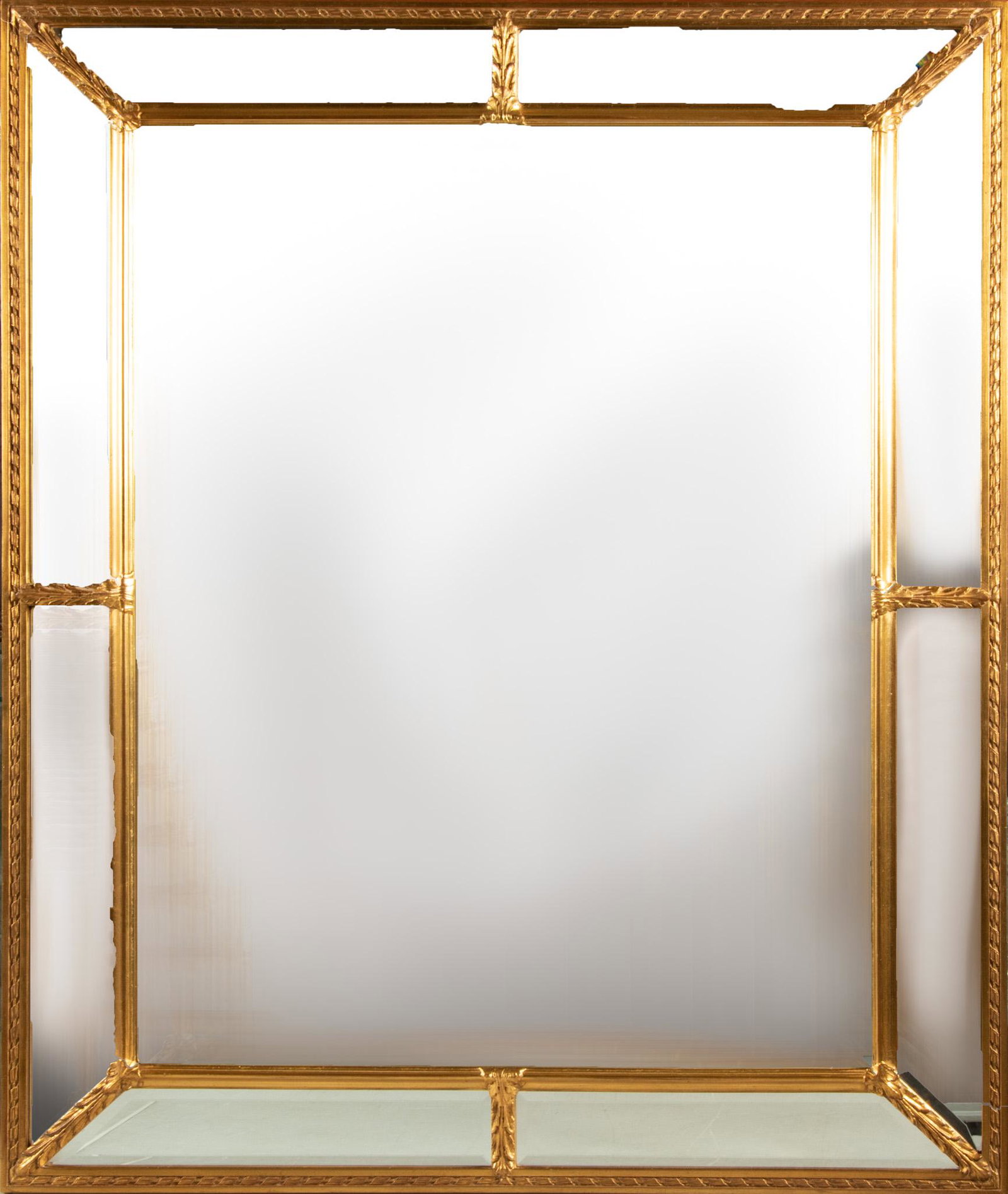 Gilded Gesso Wall Mirror, W 37.5”, L 48”: GILDED GESSO WALL MIRROR, W 37.5", L 48" A multi-paneled gilt gesso wall mirror by Adam. Having multiple beveled panels to the border, frame accented with acanthus leaf motifs. Bearing signature brand