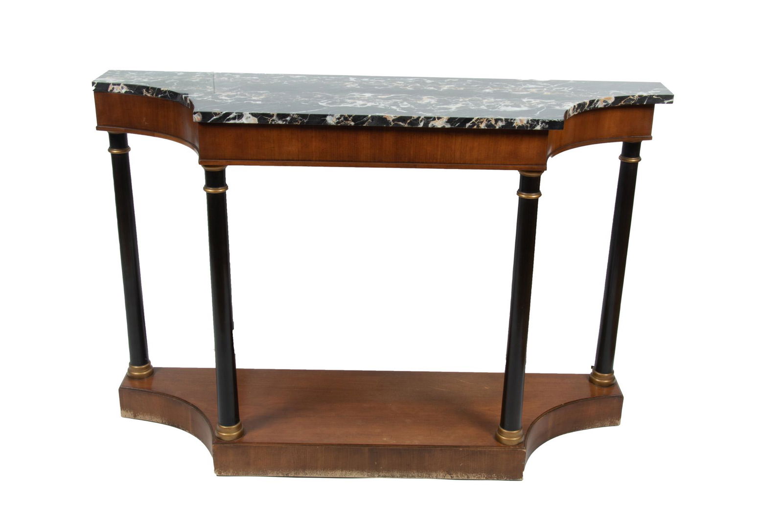 Empire Style Mahogany Console Table, Marble Top C. 1950, H 32’’ L 48’’ L: Empire Style Mahogany Console Table, Marble Top C. 1950, H 32'' L 48'' L 15'' Glazed black columns on a floor plinth. Black with white veins marble. Provenance: Property from a Grosse Pointe Farms, MI