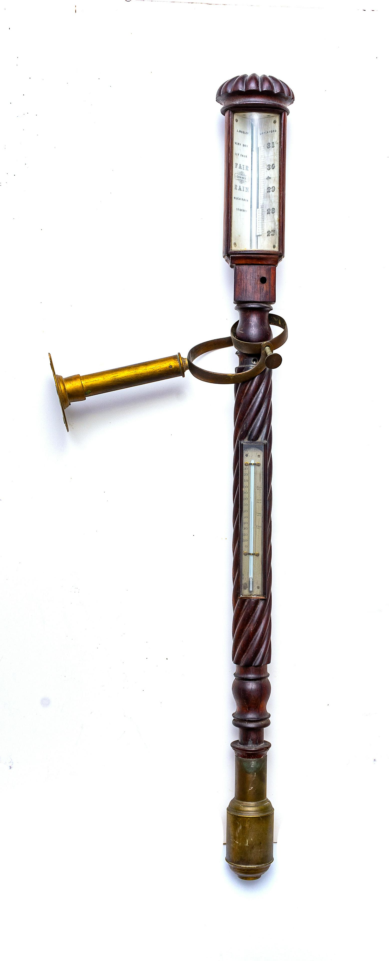 English Antique Nautical Carved Mahogany Ship Stick Barometer, H 36.5”, Dia 3.5”: ENGLISH ANTIQUE NAUTICAL CARVED MAHOGANY SHIP STICK BAROMETER, H 36.5", DIA 3.5" Has mismatched brass wall mount.