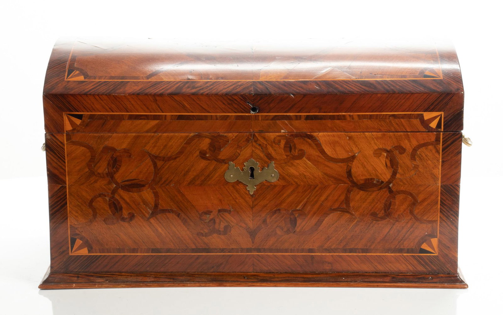 Mahogany Dome Cover Document Chest, H 12”, L 20”, D 10.75”: MAHOGANY DOME COVER DOCUMENT CHEST, H 12", L 20", D 10.75" With Rosewood band, and inlay star on cover. Having brass side handles. Provenance: Property of a Rochester Hills, MI private collector.
