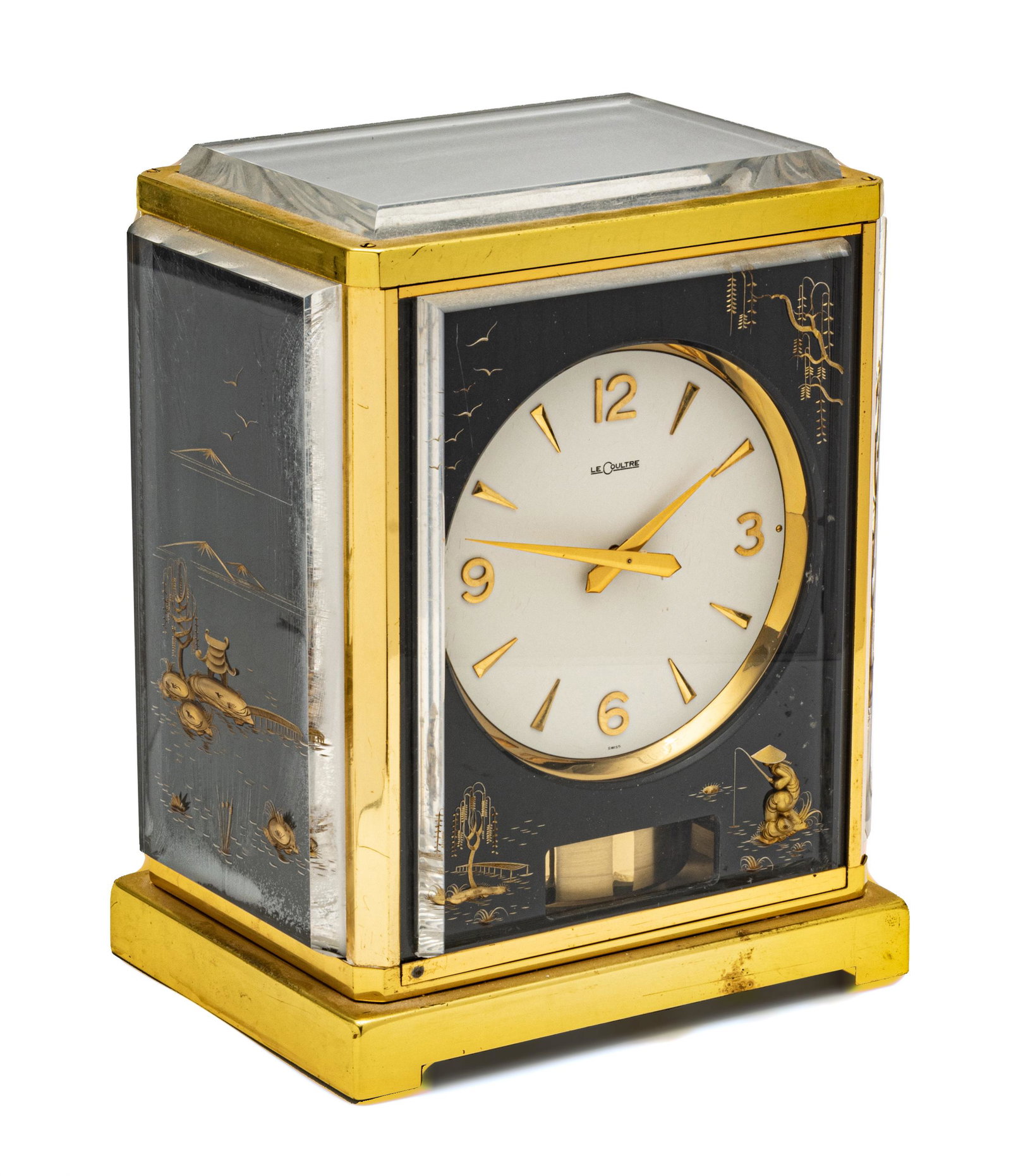 Jaeger Lecoultre Swiss Perpetual Motion Atmos Asiatic Chinoiserie Clock H 9” W 6”: JAEGER LECOULTRE SWISS PERPETUAL MOTION ATMOS ASIATIC CHINOISERIE CLOCK H 9" W 6" Mid 20th c.. Beveled panels with gilded Asiatic decorations.