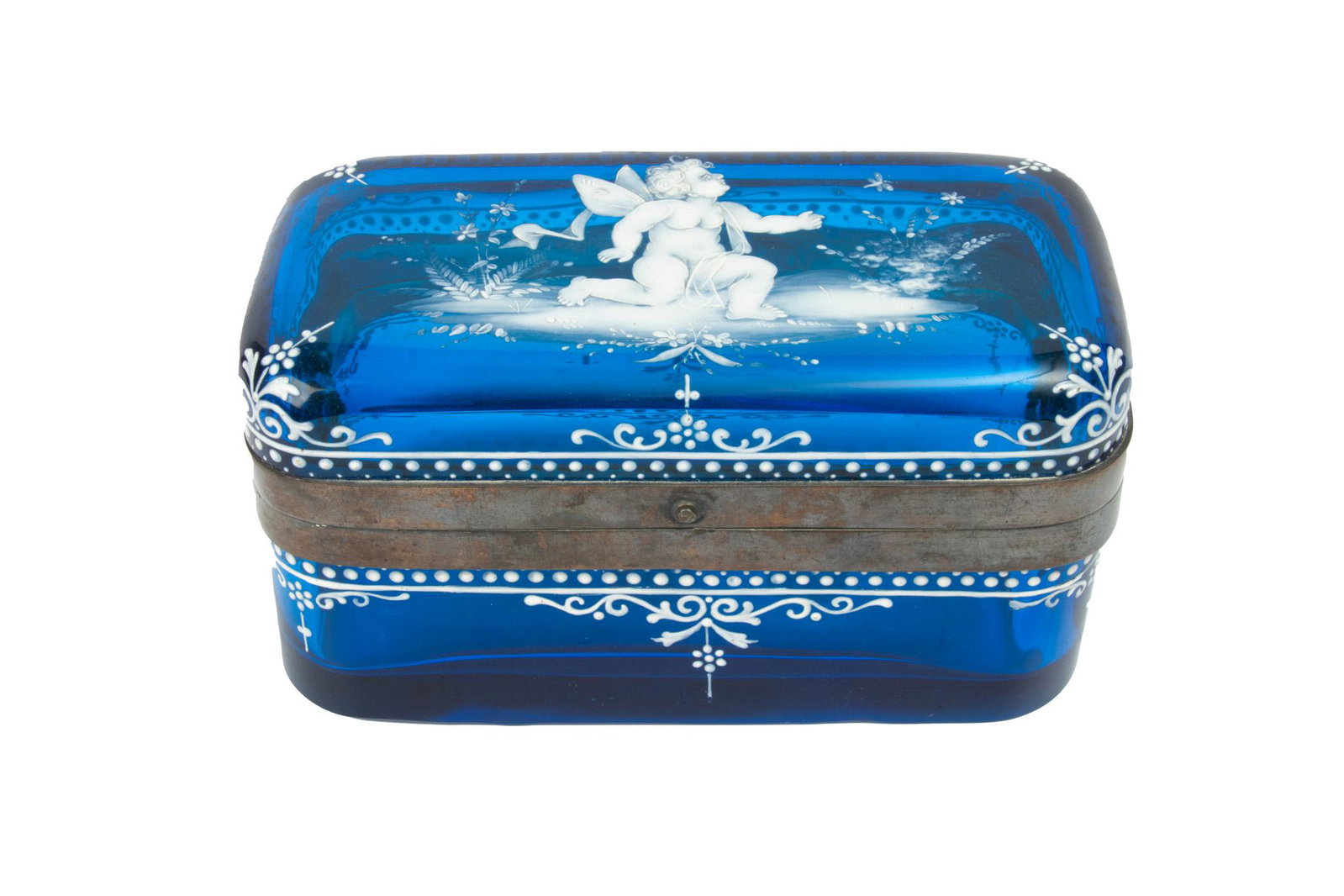 Mary Gregory Blue Crystal and Enamel Hinged Box, 19th.C. H 3.7” W 6.5” D 3.5”: MARY GREGORY BLUE CRYSTAL AND ENAMEL HINGED BOX, 19TH.C. H 3.7" W 6.5" D 3.5" ANGEL MOTIF White enamel cherub on royal blue crystal. Hinged cover. Metal rim. Provenance: property of an Algonac, MI con