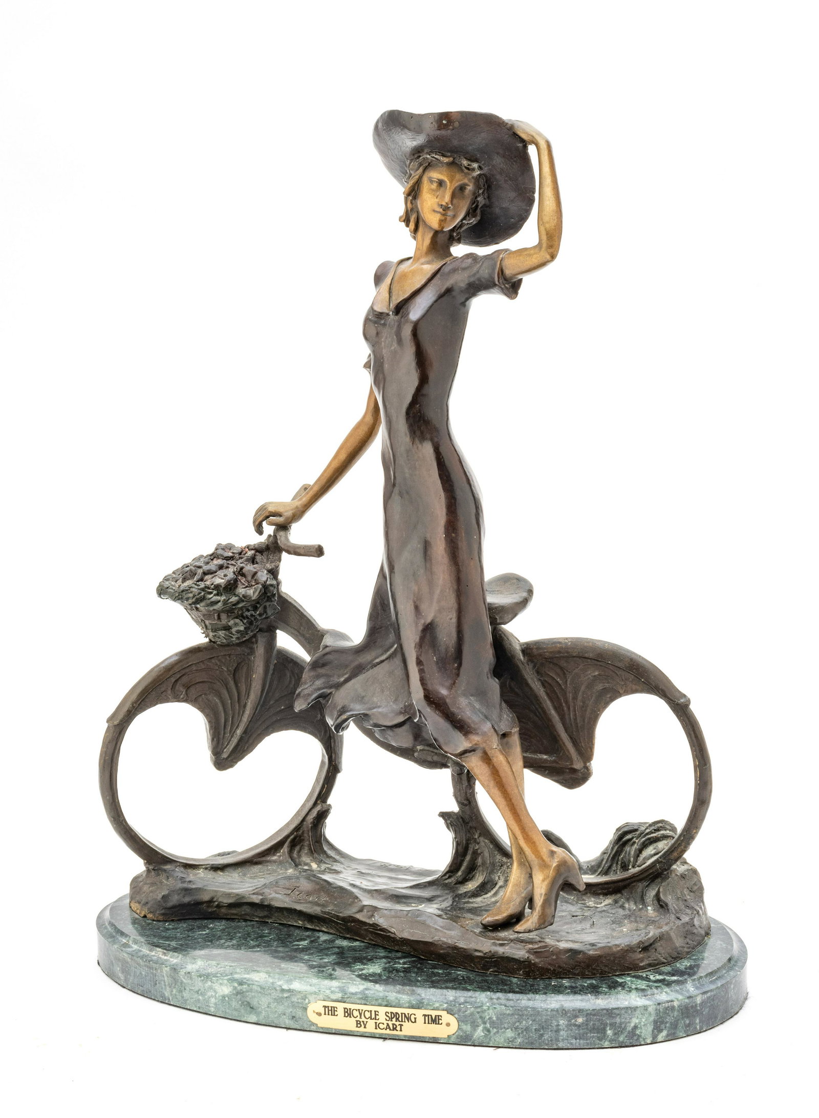 After Icart, Bronze Sculpture H 21” the Bicycle Spring Time: AFTER ICART, BRONZE SCULPTURE H 21" THE BICYCLE SPRING TIME Signed. Fashionable lady posing with a unique bicycle. Height includes marble base.