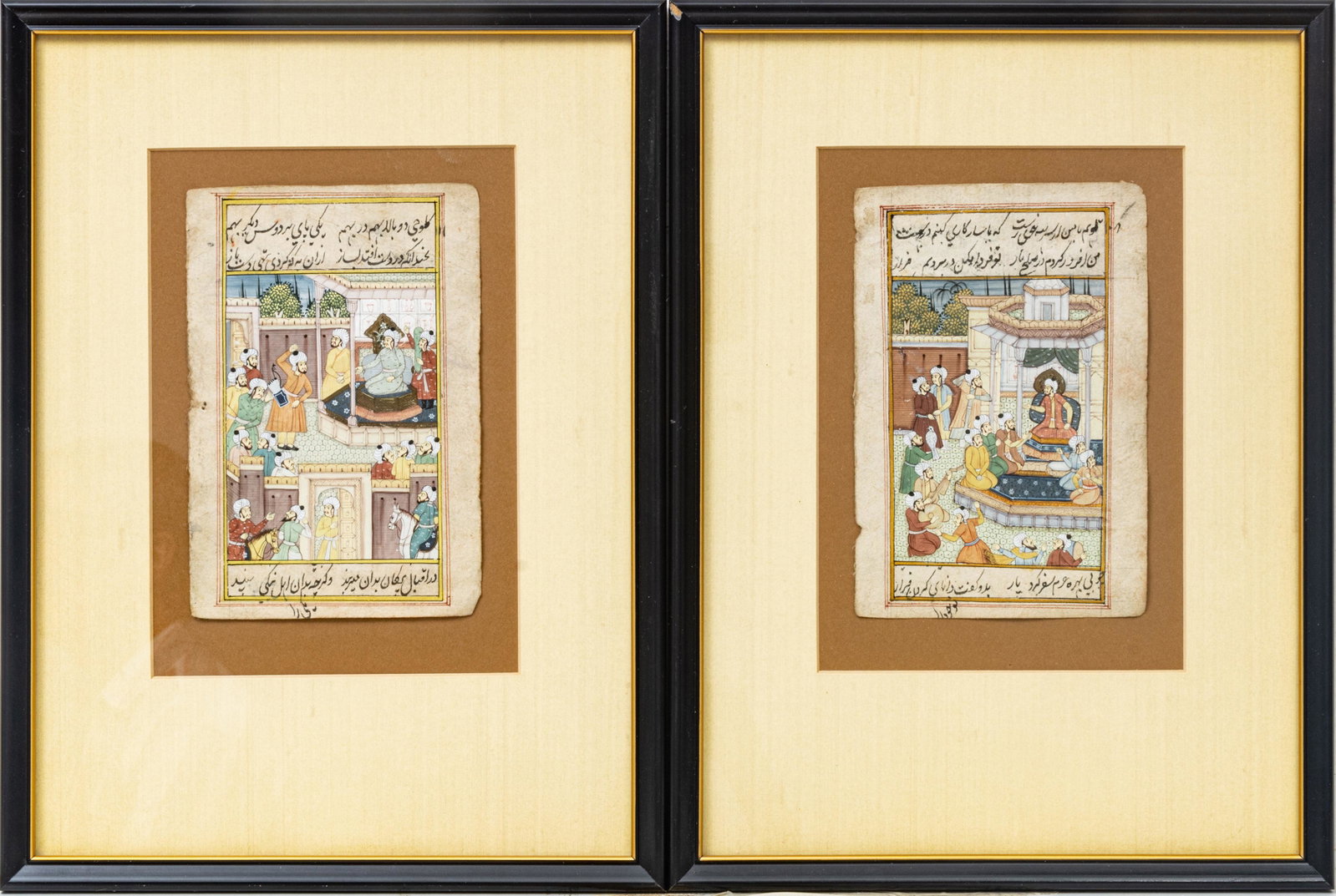 Mughal Pages, Illuminated Manuscripts, Circa 1900 Two H 7” W 6” Prince in His Palace: MUGHAL PAGES, ILLUMINATED MANUSCRIPTS, CIRCA 1900 TWO H 7" W 6" PRINCE IN HIS PALACE Frames 14" x 10". Calligraphy and imagery in fine detail. Soldiers reporting to prince in his palace pavilion. Also