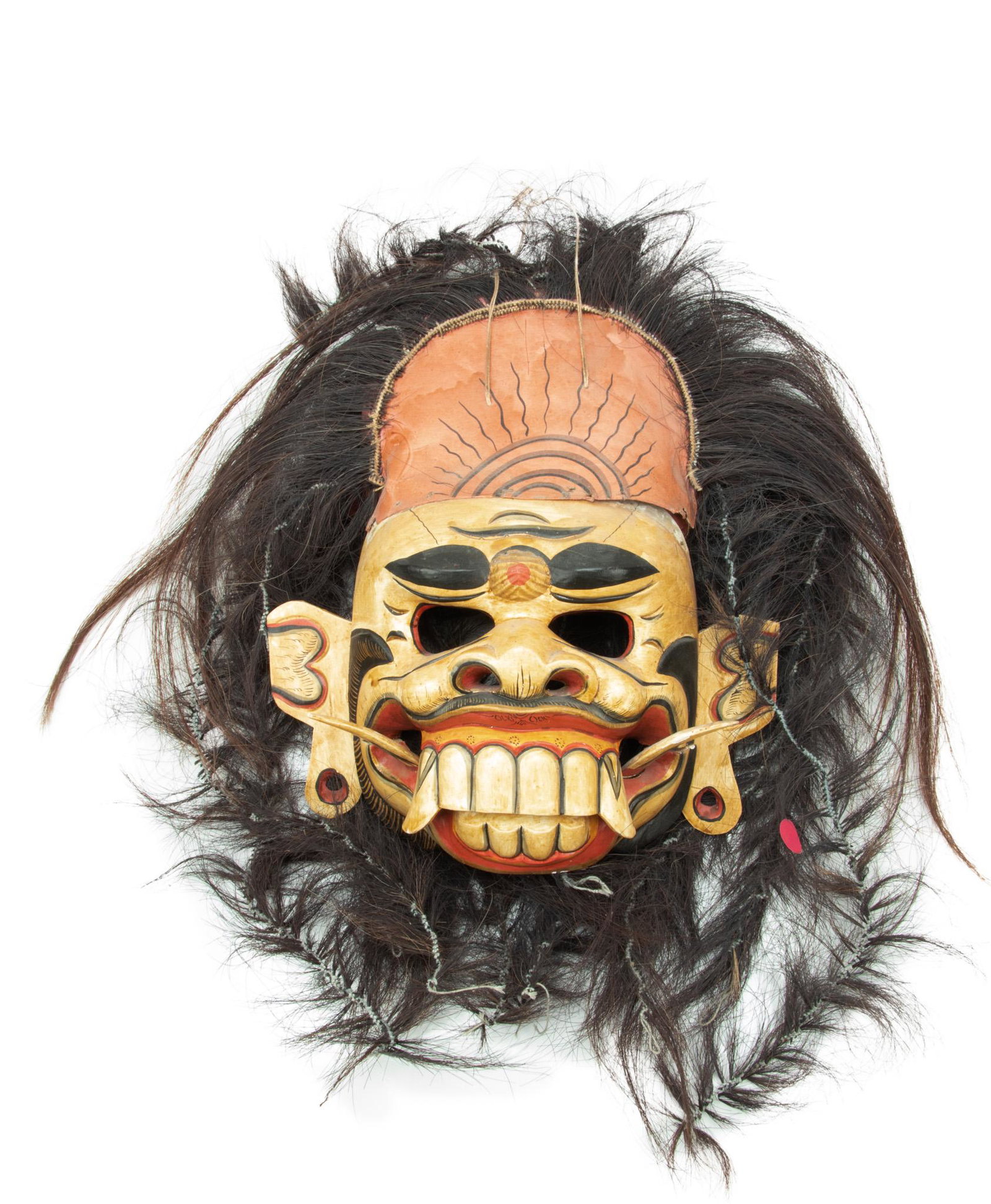 Barong Carved Wood Mask of Demon, Bali H 15” W 15”: BARONG CARVED WOOD MASK OF DEMON, BALI H 15" W 15" In Barong Dance costume, Bali. Eyes open and close. From the collection of Mae Riedy Carter and Robert C. Carter of Ann Arbor.