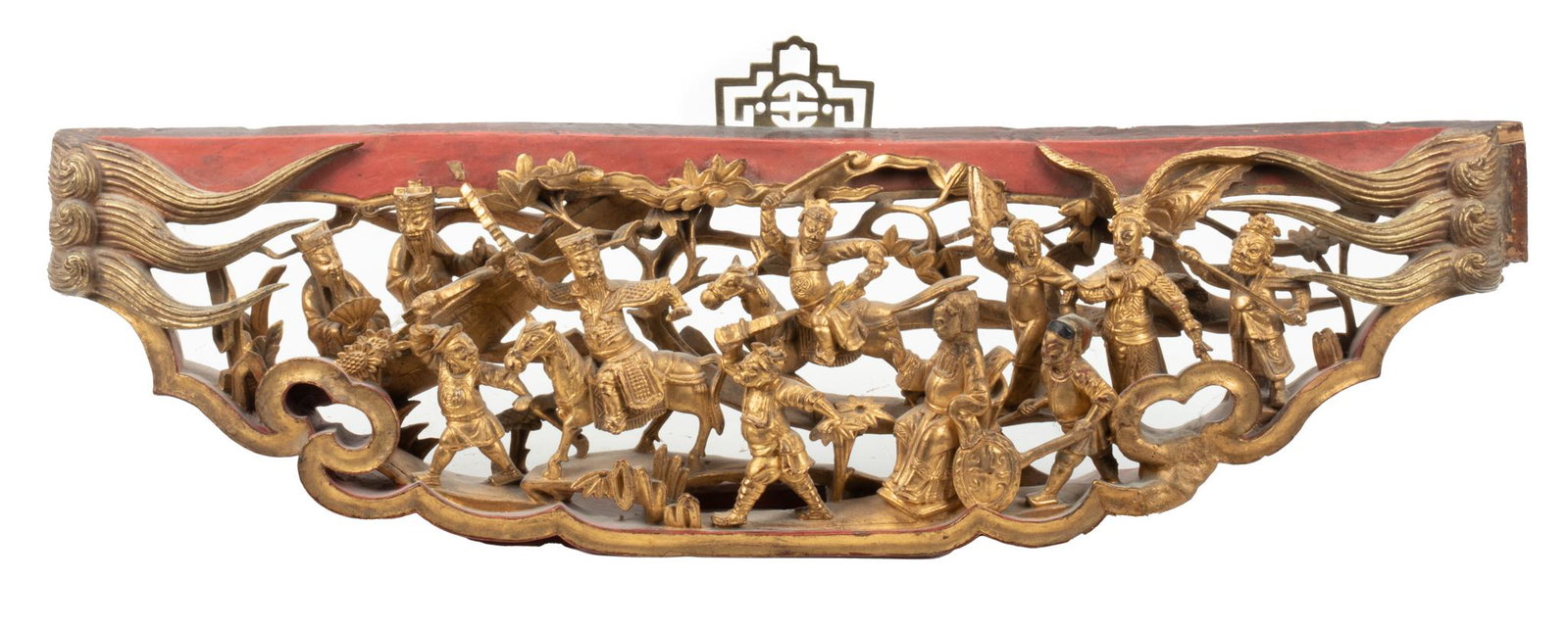 Thailand Wood Carving In Relief H 5” L 18”: THAILAND WOOD CARVING IN RELIEF H 5" L 18" Carved from one piece of wood. Red patina with gilt highlights. Battle scene with figures on horseback, one in rickshaw, other pursuits. From the collection 