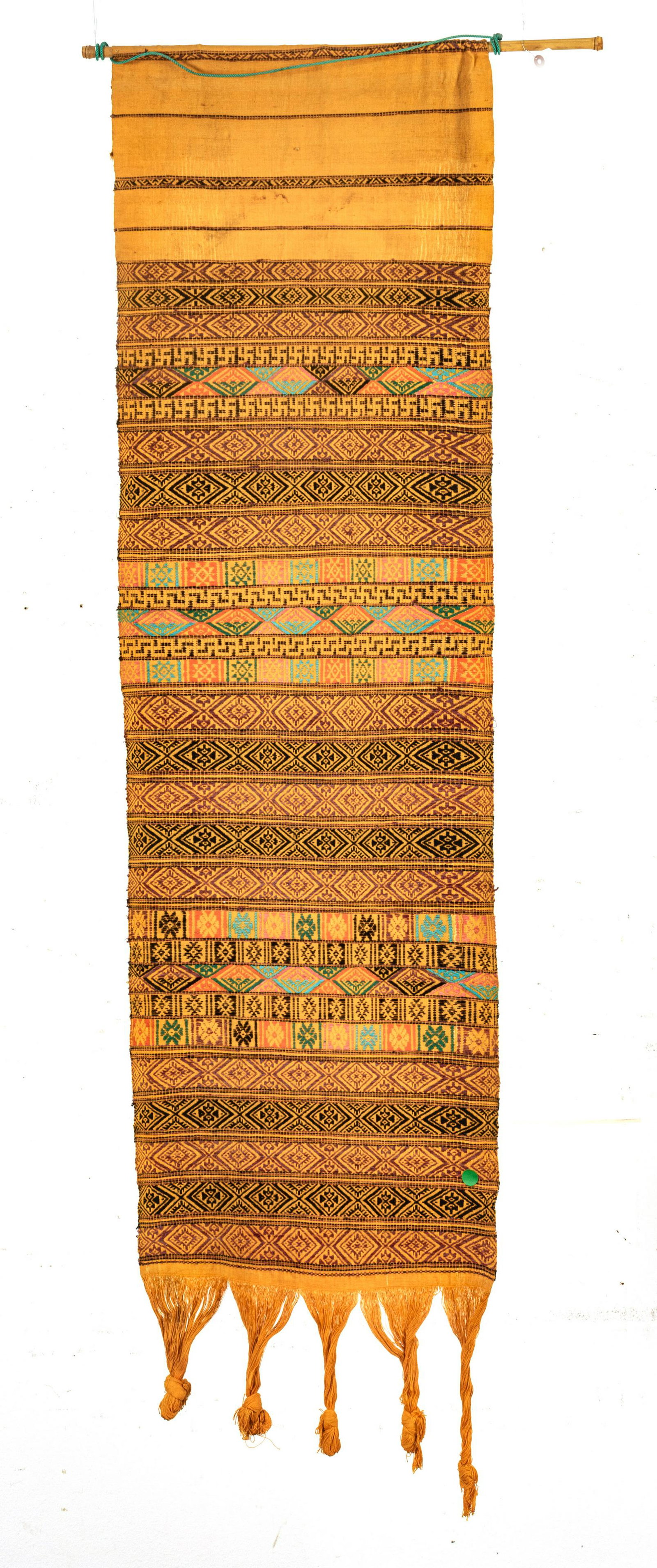 Bhutan Wedding Belt, Hand Woven Cotton, W 16”: BHUTAN WEDDING BELT, HAND WOVEN COTTON, W 16" Yellow fringe. Numerous bands of patterns in different designs and colors. Purchased in Thimphu, Bhutan by Mae and Bob Carter in 1975.