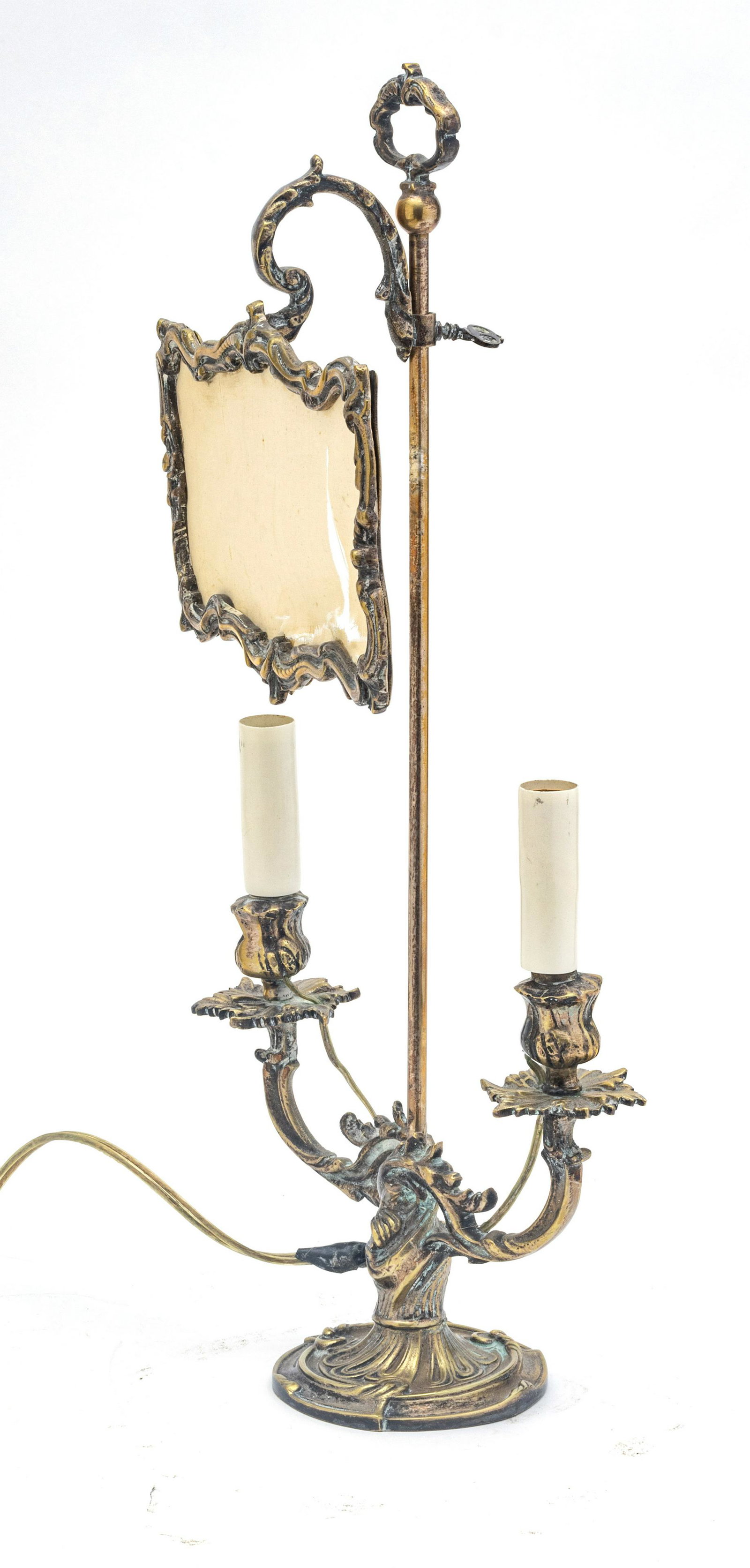Brass Candelabra Lamp, H 19”, W 8”: BRASS CANDELABRA LAMP, H 19", W 8" Two Light, Electrified. With adjustable heat screen. Provenance: Property of a Birmingham, MI private collection.