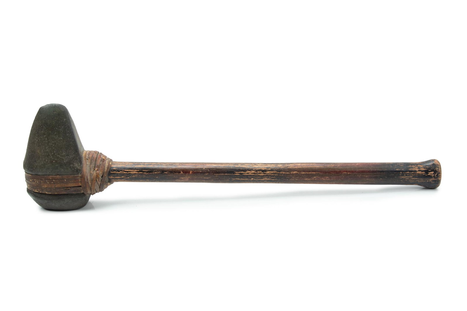 Native American Style Stone Tomahawk, L 25”: NATIVE AMERICAN STYLE STONE TOMAHAWK, L 25" A Native American style stone tomahawk. Having a painted wood handle with stone head bound by leather straps. Provenance: Property of a Rochester Hills, MI 