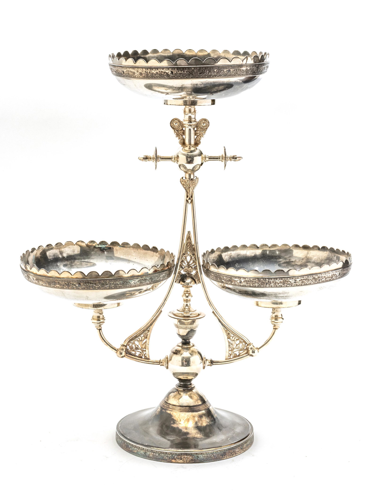Middletown Silver Plate Two Tier Victorian Compote H 22” W 18”: MIDDLETOWN SILVER PLATE TWO TIER VICTORIAN COMPOTE H 22" W 18" Three round bowls fit into a stately epergne frame. Flower or fruit arrangements work well.