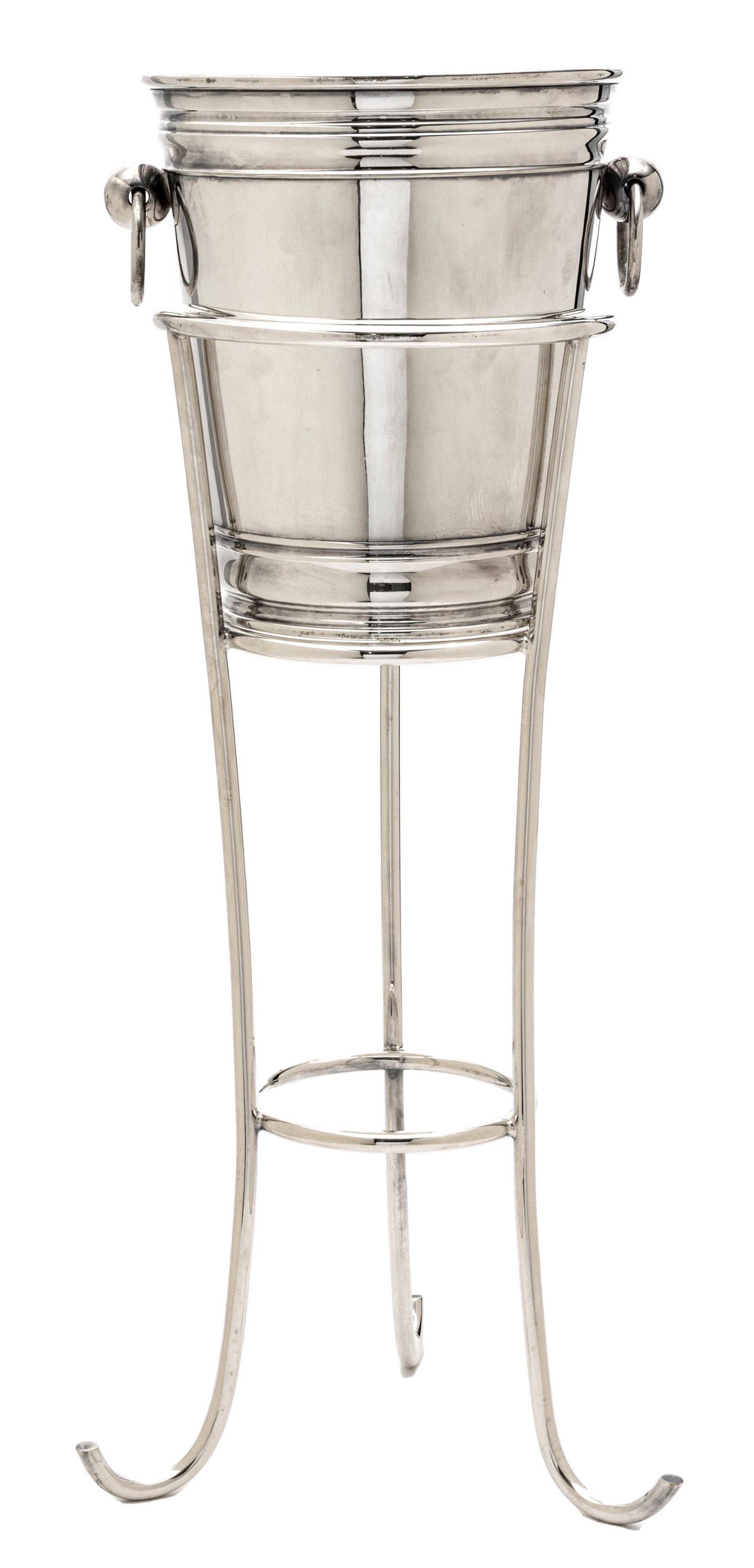 Elkington & Co. Silver Plate Champagne Wine Cooler on Stand, 1937, H 24”, Dia 8”: ELKINGTON & CO. SILVER PLATE CHAMPAGNE WINE COOLER ON STAND, 1937, H 24", DIA 8" Shows some wear on bottom of stand. Marked on underside 26734, Dated 1937 with Makers Mark. Provenance: Property of a R