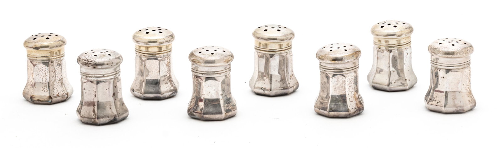 Cartier Sterling Silver Salt and Pepper Shakers 8 Pieces: CARTIER STERLING SILVER SALT AND PEPPER SHAKERS 8 PIECES In original box. Individual size. From a home on Bluff Drive, Harbor Springs, Mich.