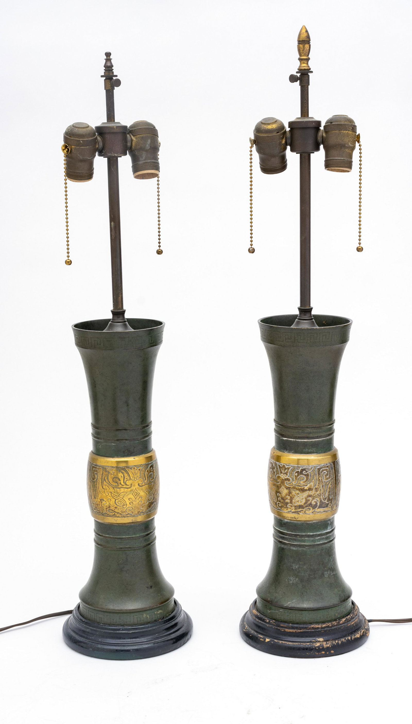 Asian Style Brass and Bronze Table Lamps, Pair C. 1960, H 27’’: Asian Style Brass And Bronze Table Lamps, Pair C. 1960, H 27'' Base only is 15". Square silk used shades.
