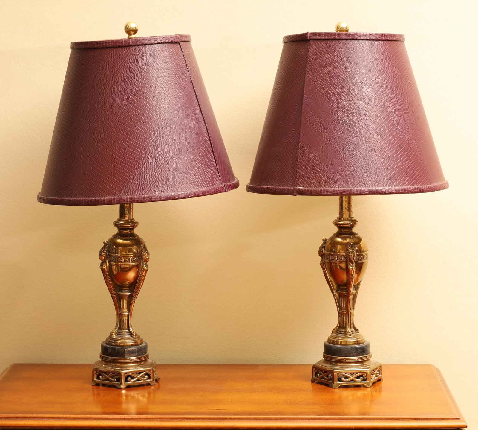 Empire Style Brass Pair of Lamps With Burgundy Shades, H 26’’: Empire Style Brass Pair Of Lamps With Burgundy Shades, H 26'' Having marble bases. Provenance: Property of a prominent Central Avenue, Bay City, MI collector.